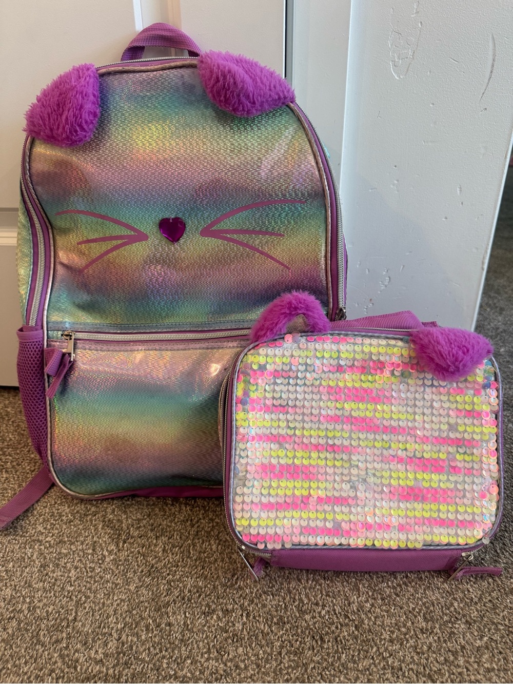 Kids Iridescent Rainbow Cat Backpack & Sequin Lunch Bag - Purple Accents